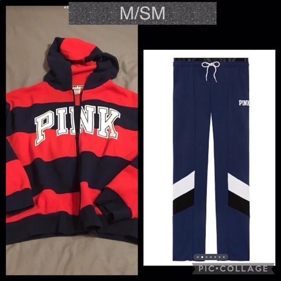 VS PINK BOYFRIEND PANT LOGO WAISTBAND SZ SM NAVY FULL ZIP SWEATSHIRT SZ M RED - Picture 1 of 14